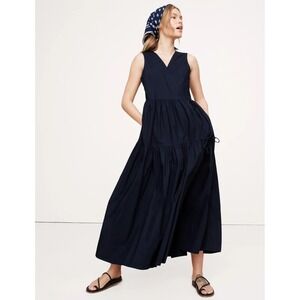 Banana Republic Poplin Wrap Maxi Dress Navy Sleeveless Side Ties Size L Preppy